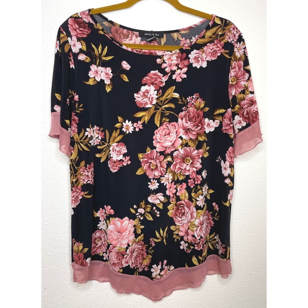 Adele & May Women Top Floral Mesh Trim XL Black Pink